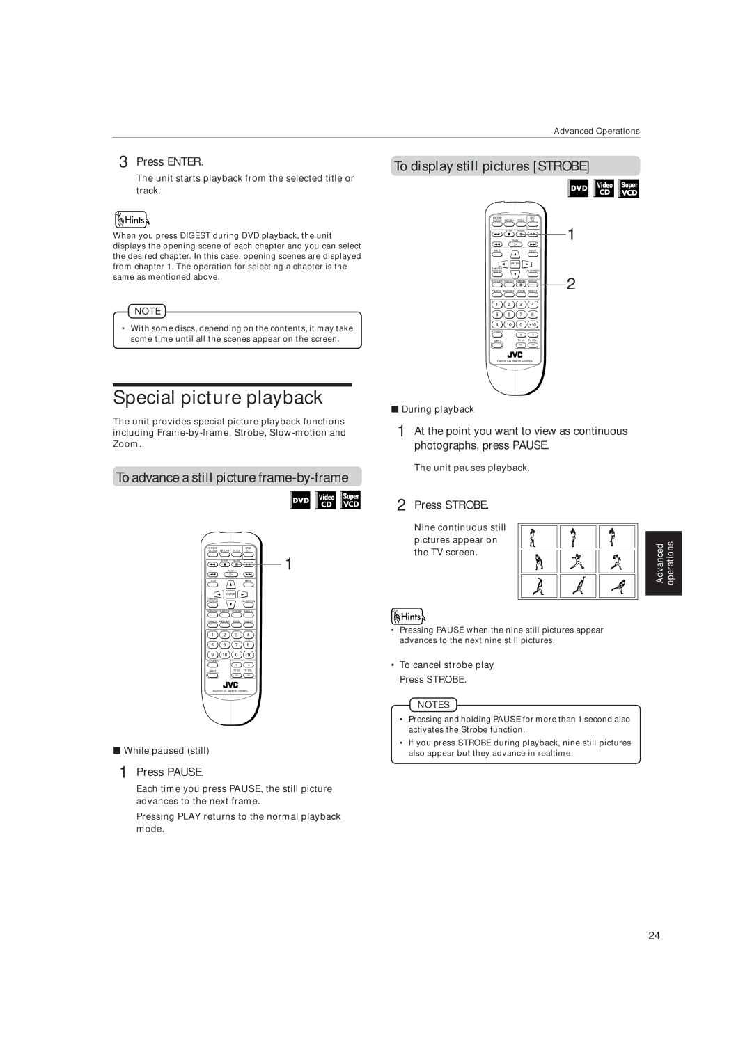 JVC XV-515GD manual Special picture playback, Nine continuous still, Pictures appear on, TV screen, While paused still 