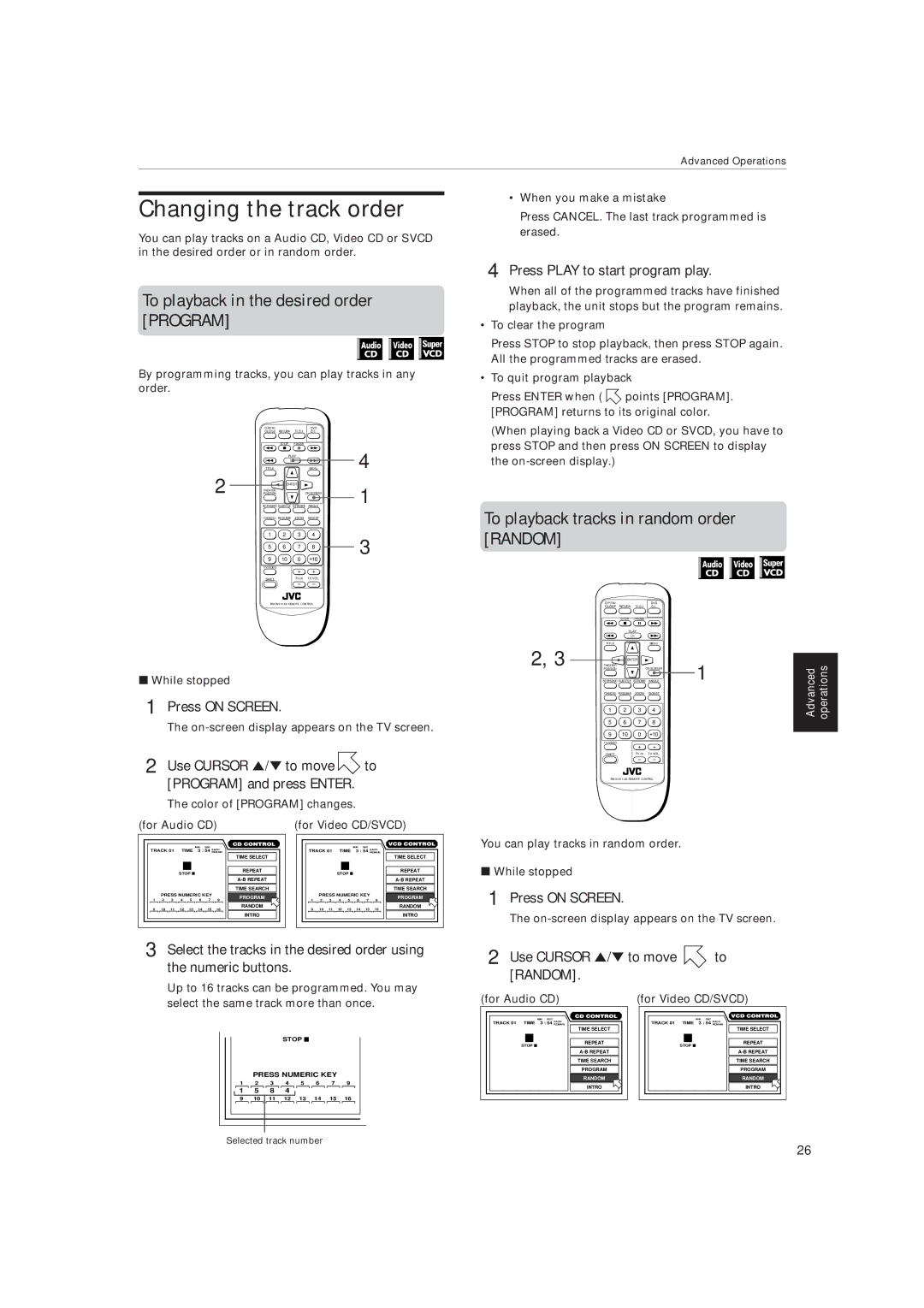 JVC XV-515GD Changing the track order, To playback in the desired order Program, To playback tracks in random order Random 