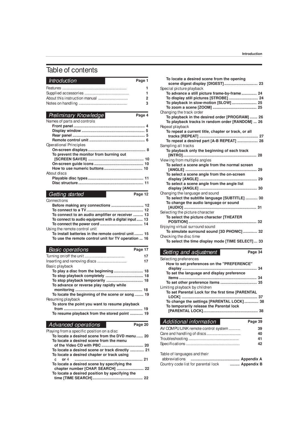 JVC XV-515GD manual Table of contents 