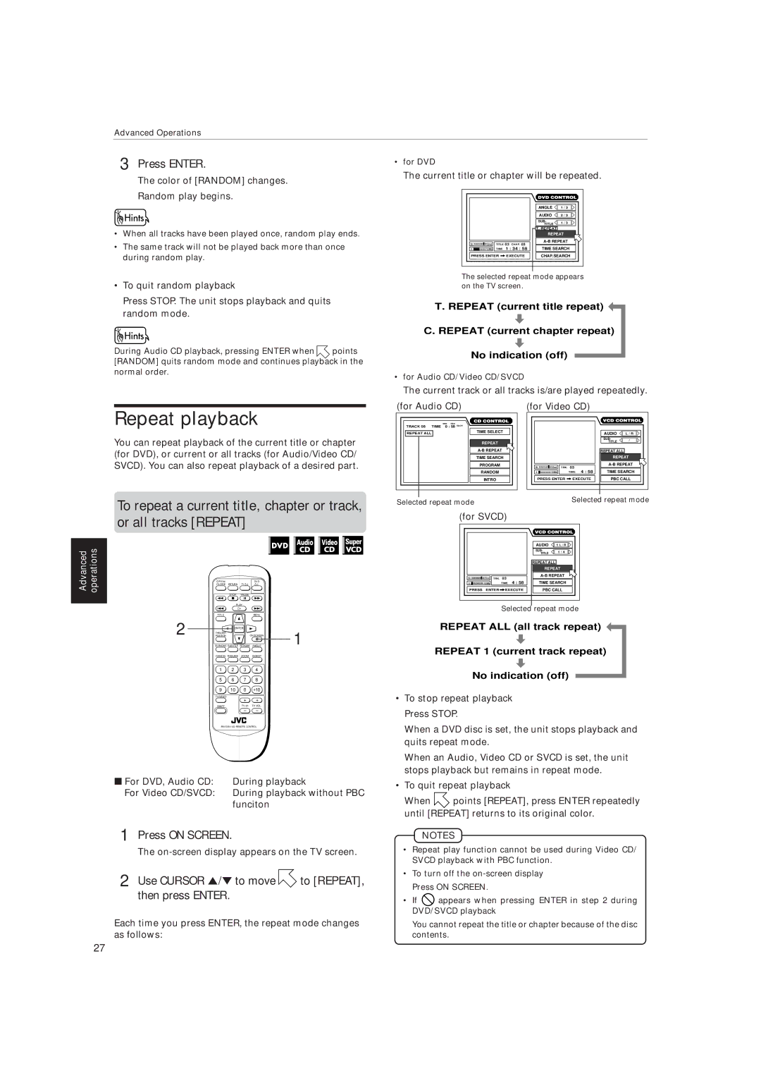 JVC XV-515GD Repeat playback, Or all tracks Repeat, Then press Enter, To quit random playback, To quit repeat playback 