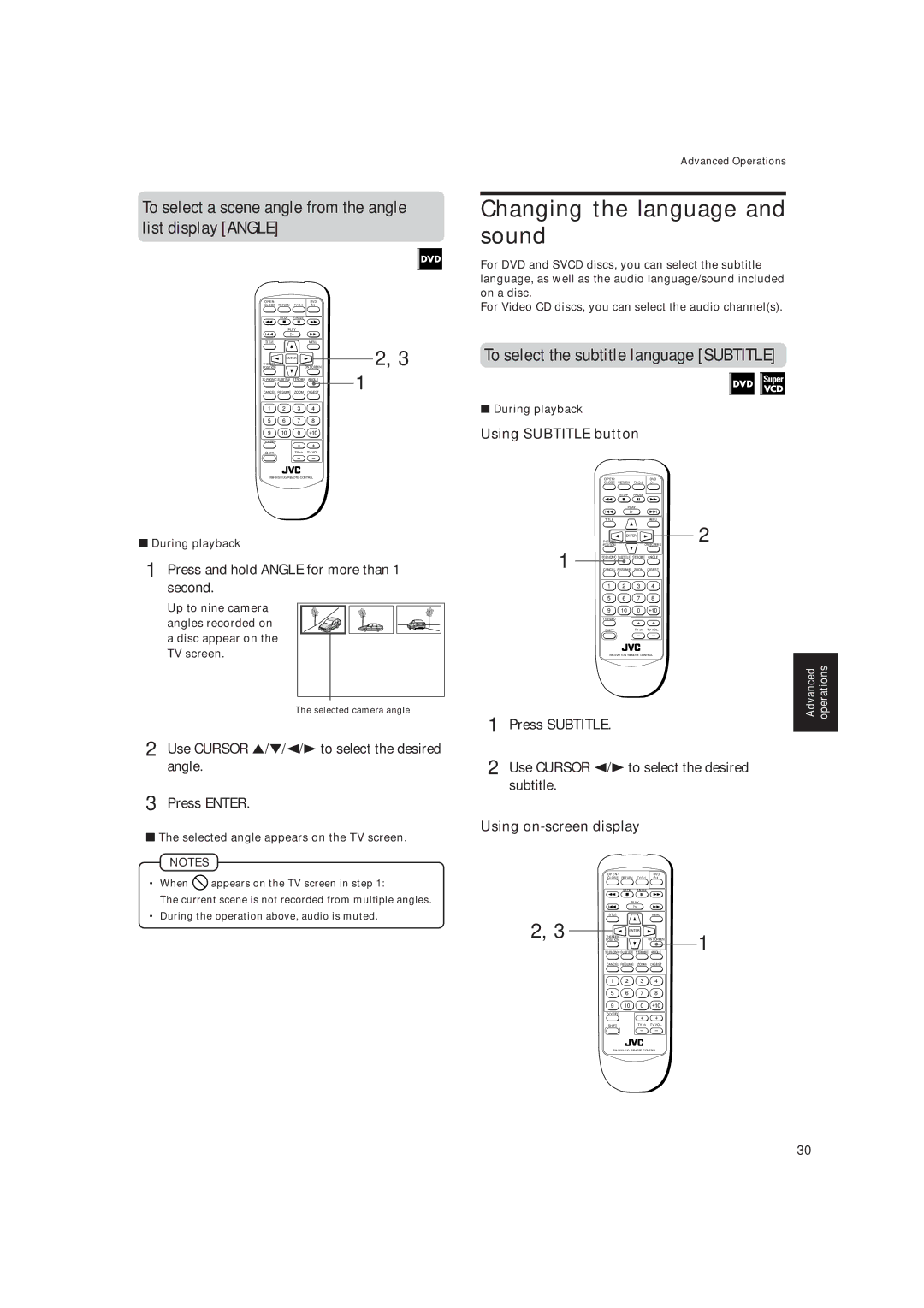 JVC XV-515GD manual Changing the language and sound, To select a scene angle from the angle list display Angle 