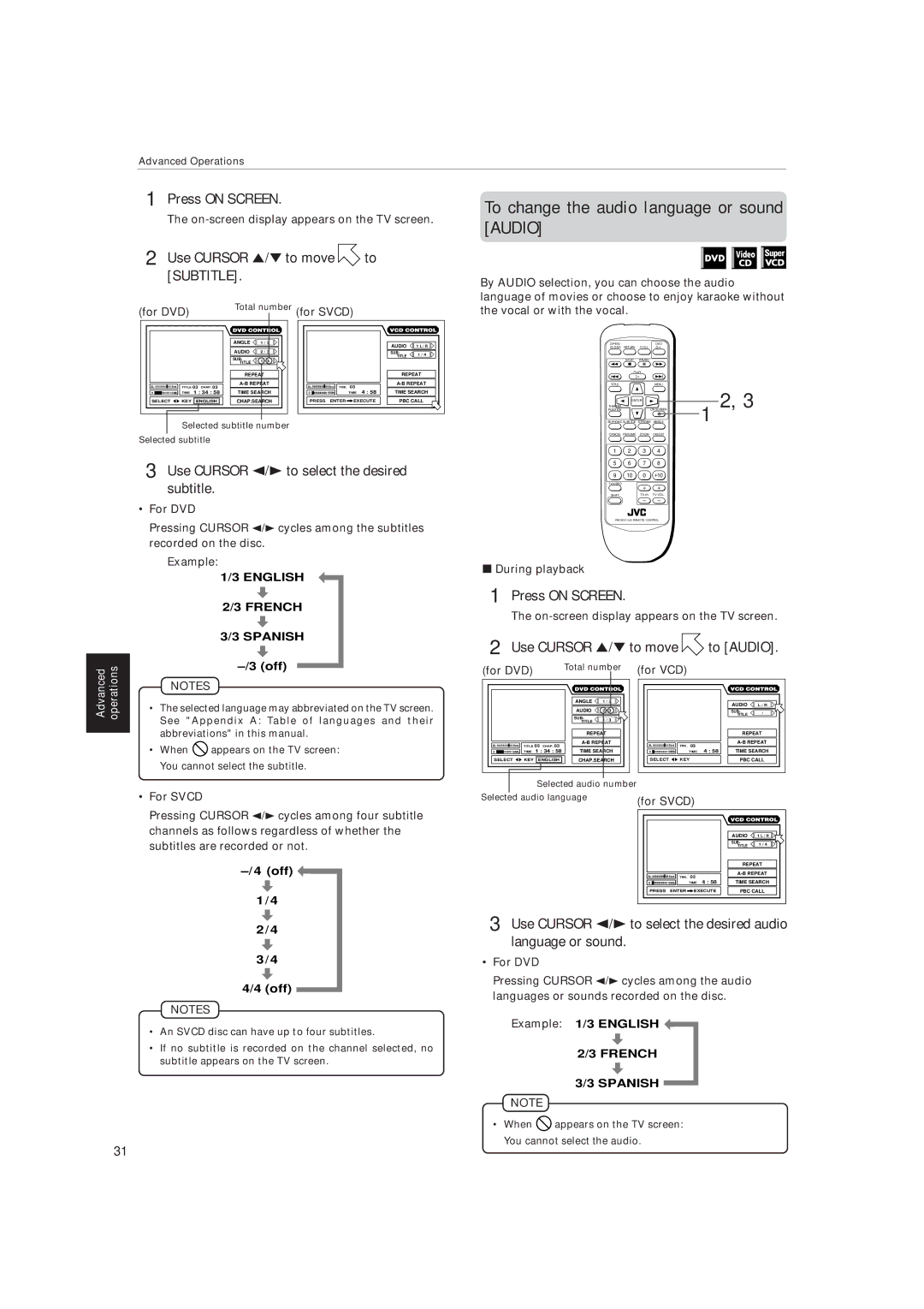 JVC XV-515GD To change the audio language or sound Audio, Use Cursor 5/to move, Use Cursor 5/ to move to Audio, For DVD 