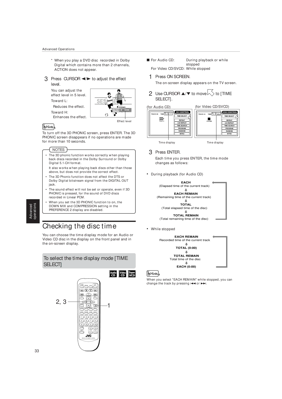 JVC XV-515GD Checking the disc time, To select the time display mode Time, Press Cursor 2/3 to adjust the effect level 