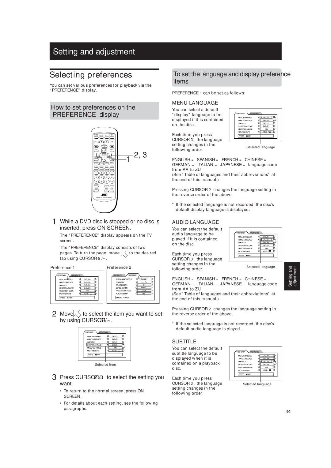 JVC XV-515GD manual Setting and adjustment, Selecting preferences, To set the language and display preference items 