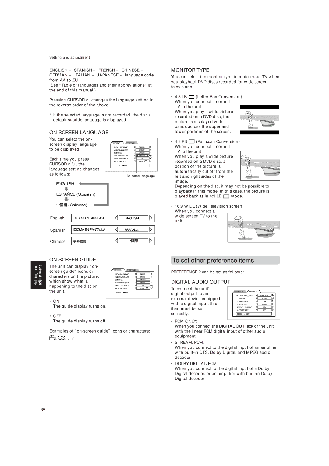 JVC XV-515GD manual To set other preference items, Spanish, Preference 2 can be set as follows, Guide display turns on 