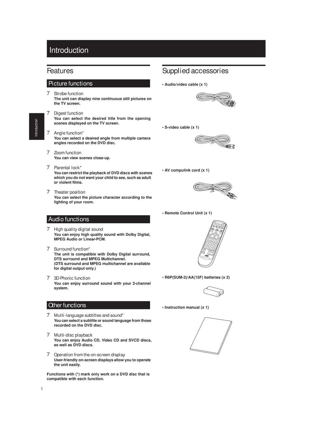 JVC XV-515GD manual Introduction, Features, Supplied accessories 