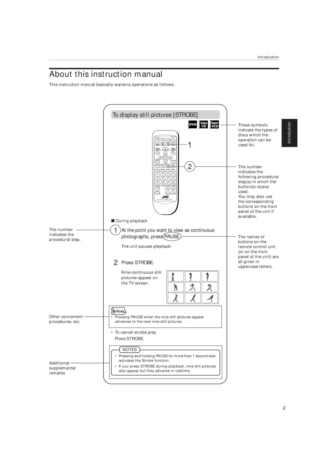 JVC XV-515GD To display still pictures Strobe, Press Strobe, Number indicates the procedural step, Unit pauses playback 