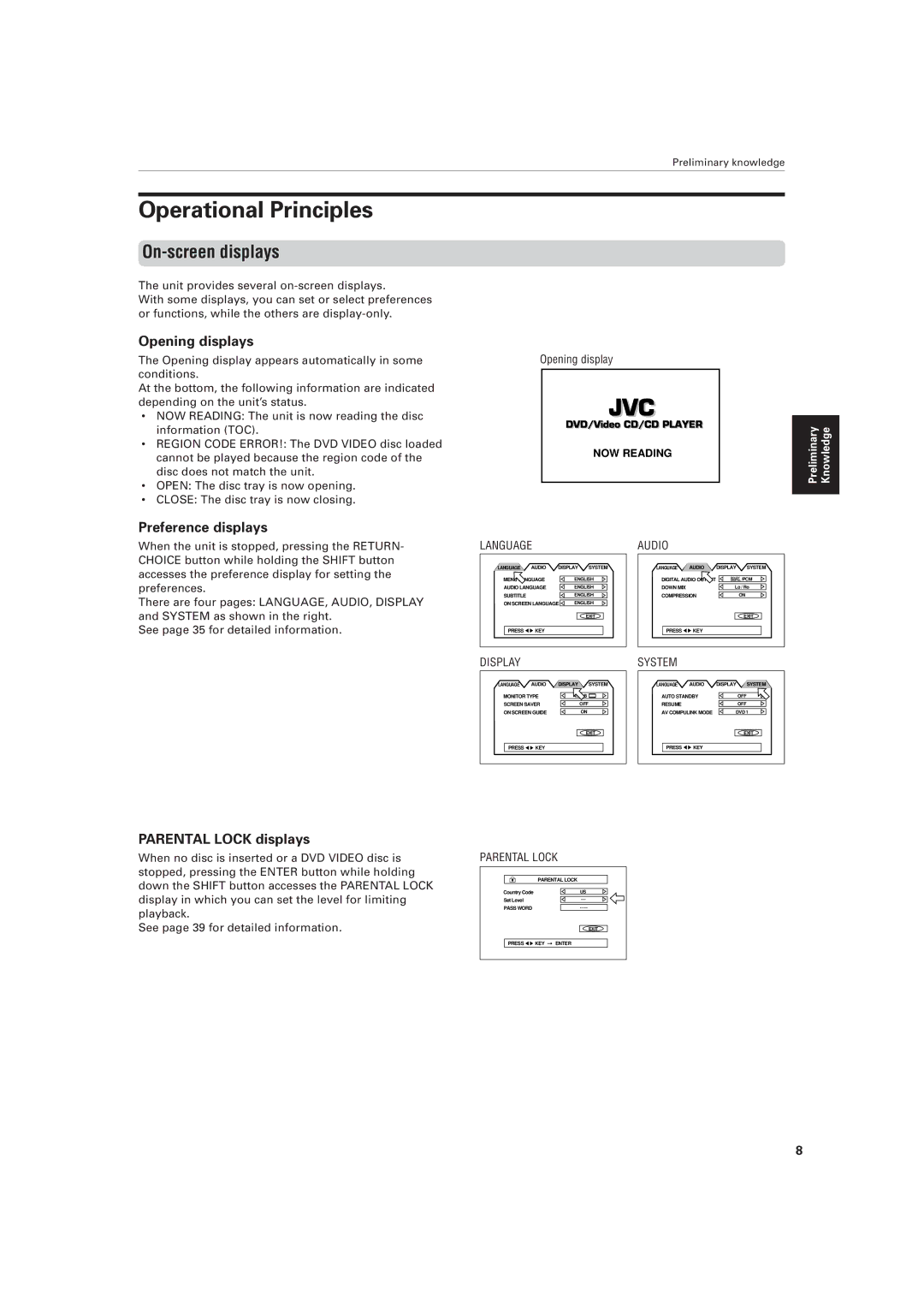 JVC XV-521BK Operational Principles, On-screen displays, Opening displays, Preference displays, Parental Lock displays 