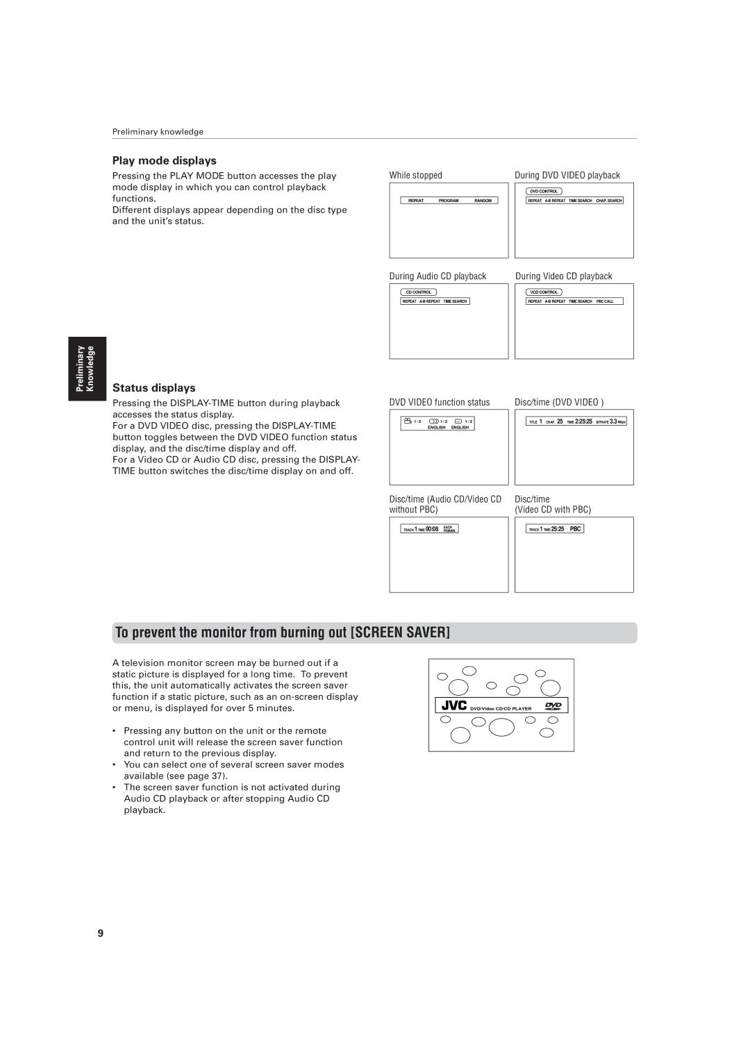 JVC XV-521BK manual To prevent the monitor from burning out Screen Saver, Play mode displays, Status displays 