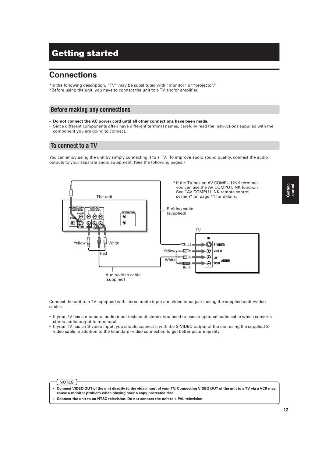 JVC XV-521BK manual Getting started, Connections, Before making any connections, To connect to a TV, White 