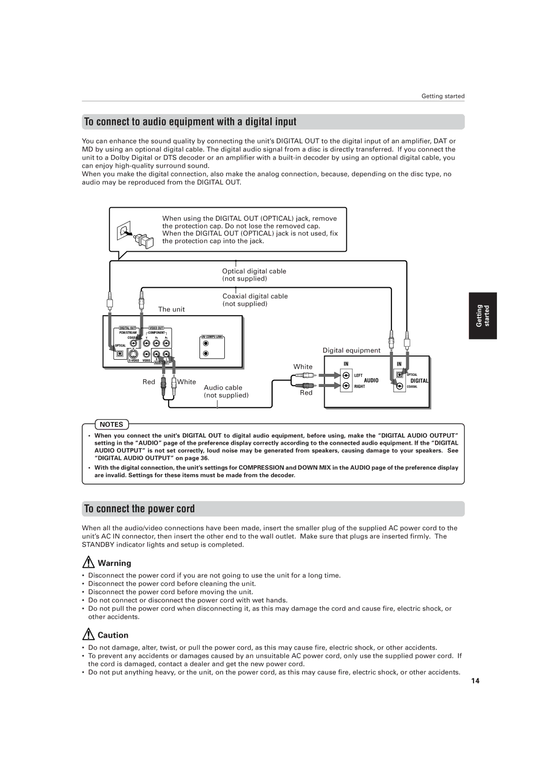 JVC XV-521BK manual To connect to audio equipment with a digital input, To connect the power cord, Digital equipment 