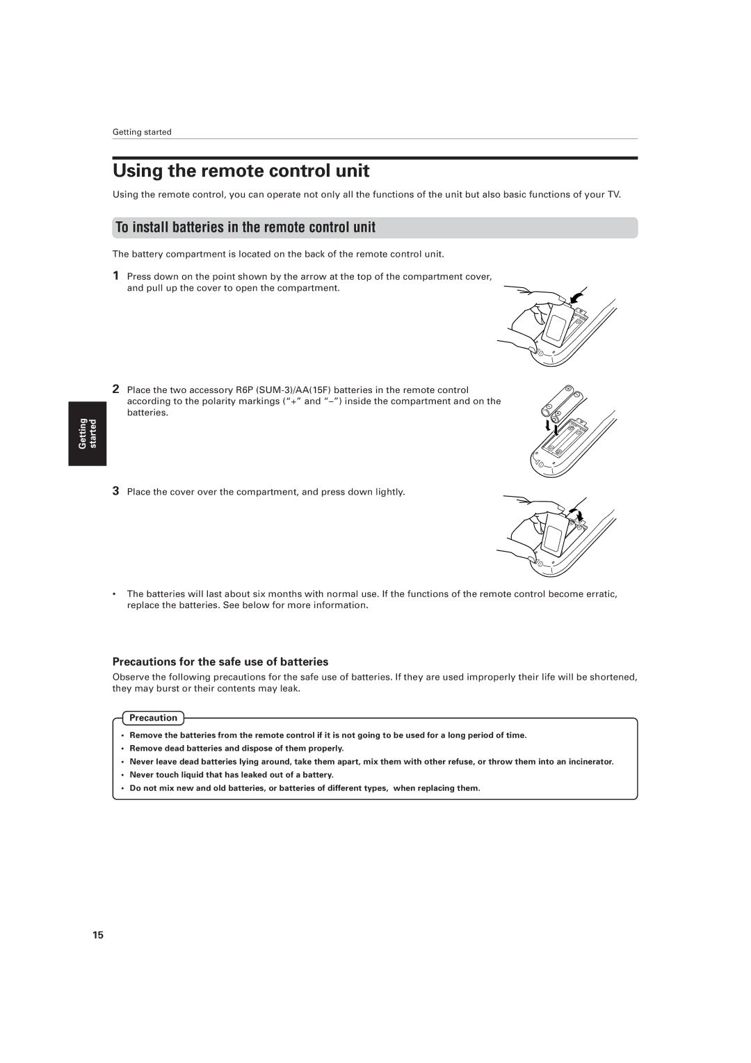 JVC XV-521BK manual Using the remote control unit, To install batteries in the remote control unit, Precaution 