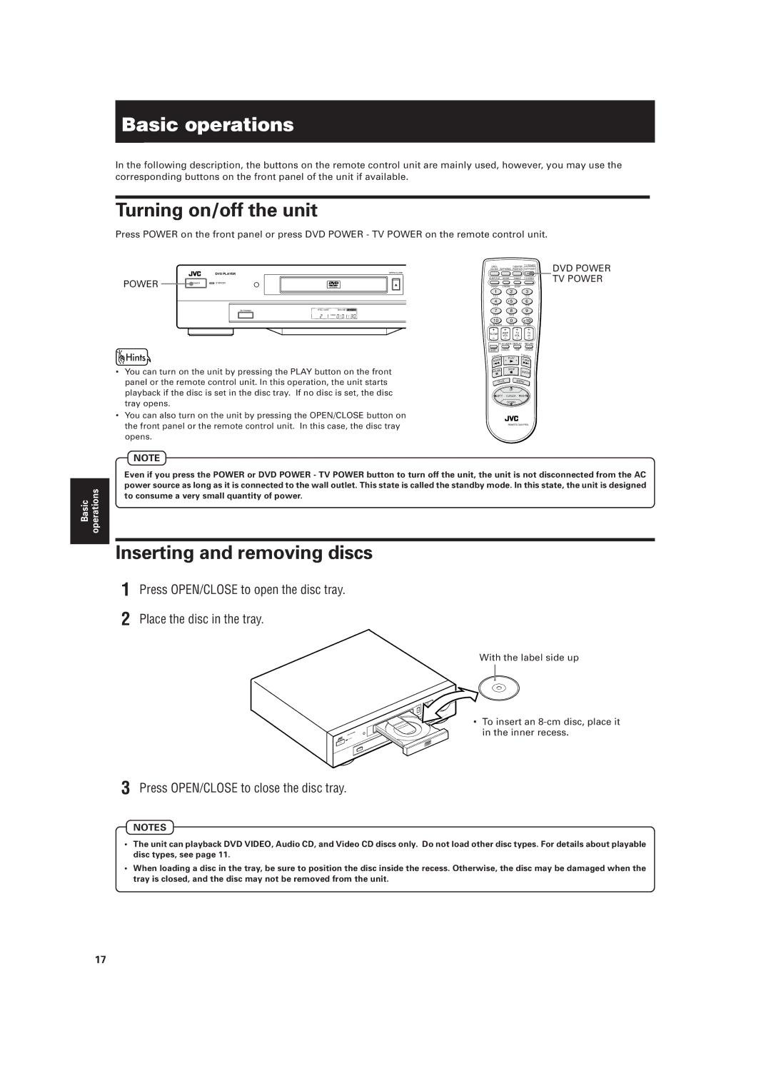 JVC XV-521BK manual Basic operations, Turning on/off the unit, Inserting and removing discs 