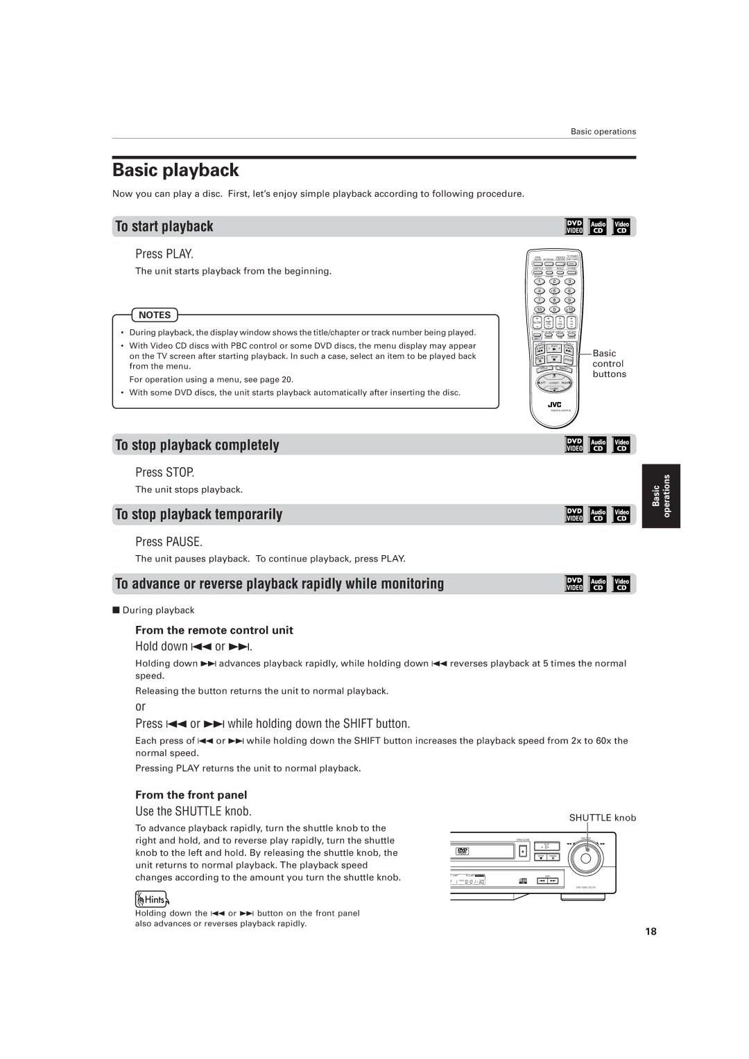 JVC XV-521BK manual Basic playback, To start playback, To stop playback completely, To stop playback temporarily 