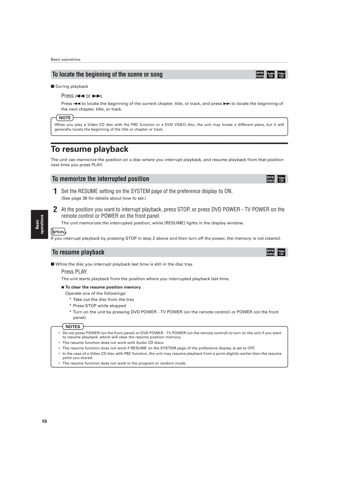 JVC XV-521BK manual To resume playback, To locate the beginning of the scene or song, To memorize the interrupted position 