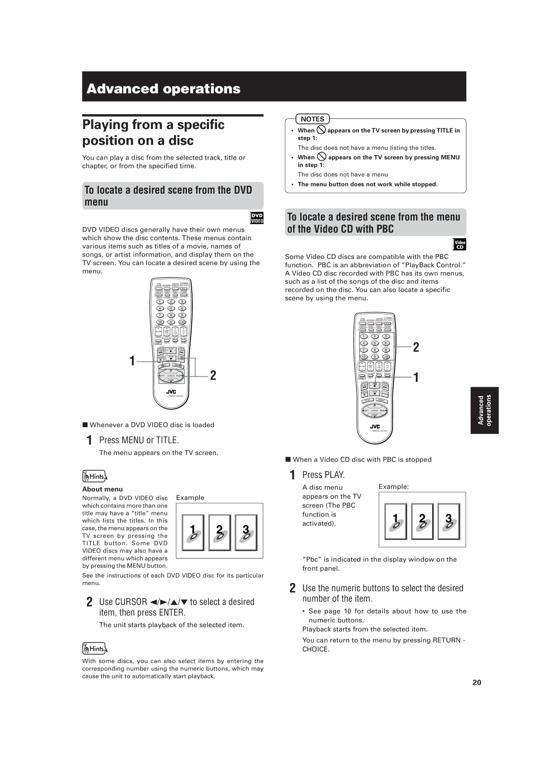 JVC XV-521BK manual Advanced operations, To locate a desired scene from the DVD menu, Press Menu or Title, About menu 