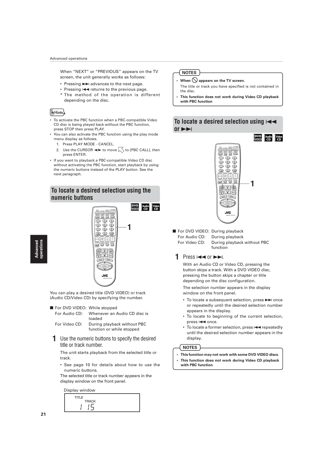 JVC XV-521BK manual To locate a desired selection using the numeric buttons, To locate a desired selection using 4 or ¢ 