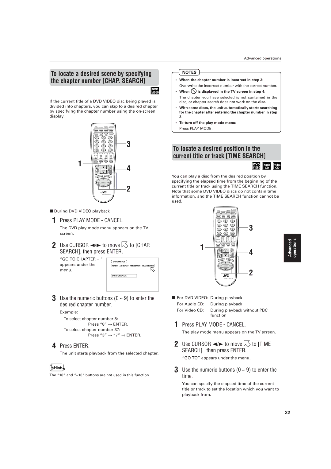 JVC XV-521BK manual Press Play Mode Cancel, Use Cursor 2/3 to move to CHAP. SEARCH, then press Enter, Press Enter 