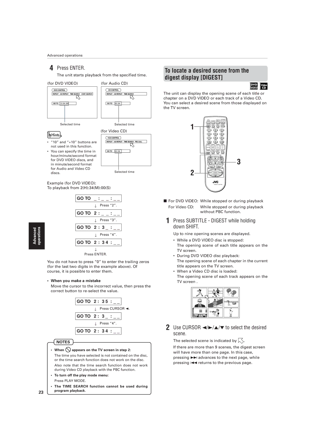 JVC XV-521BK manual Press Subtitle Digest while holding down Shift, Use Cursor 2/3/5/to select the desired scene 