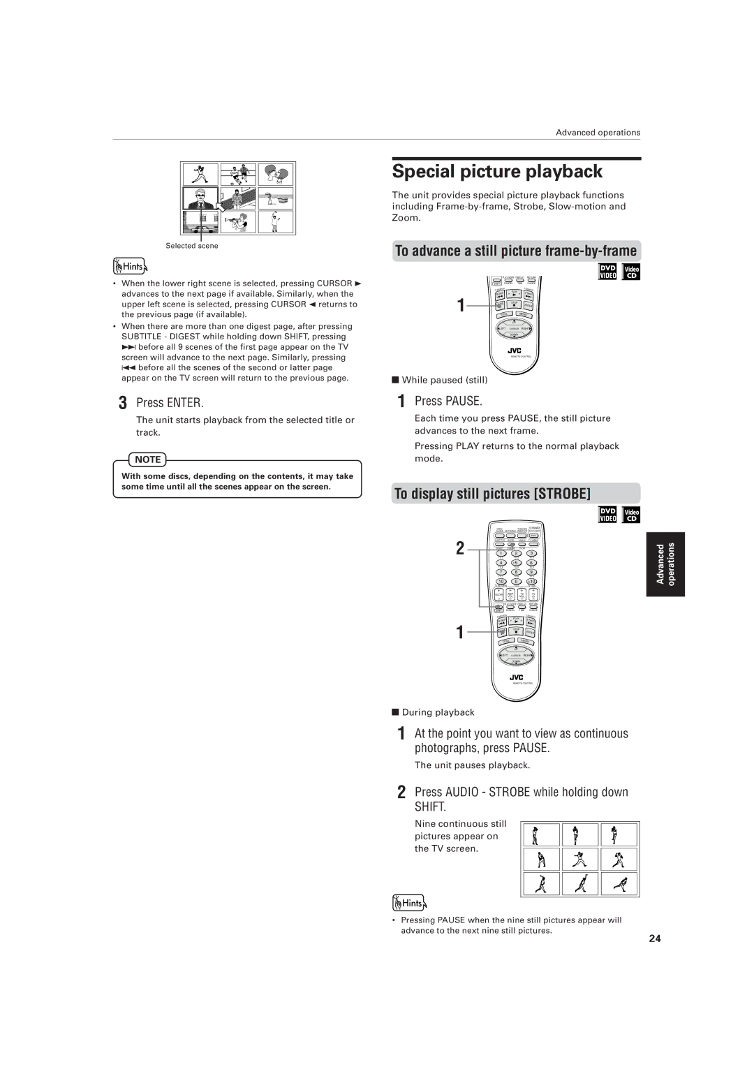 JVC XV-521BK manual Special picture playback, To display still pictures Strobe, Press Audio Strobe while holding down 