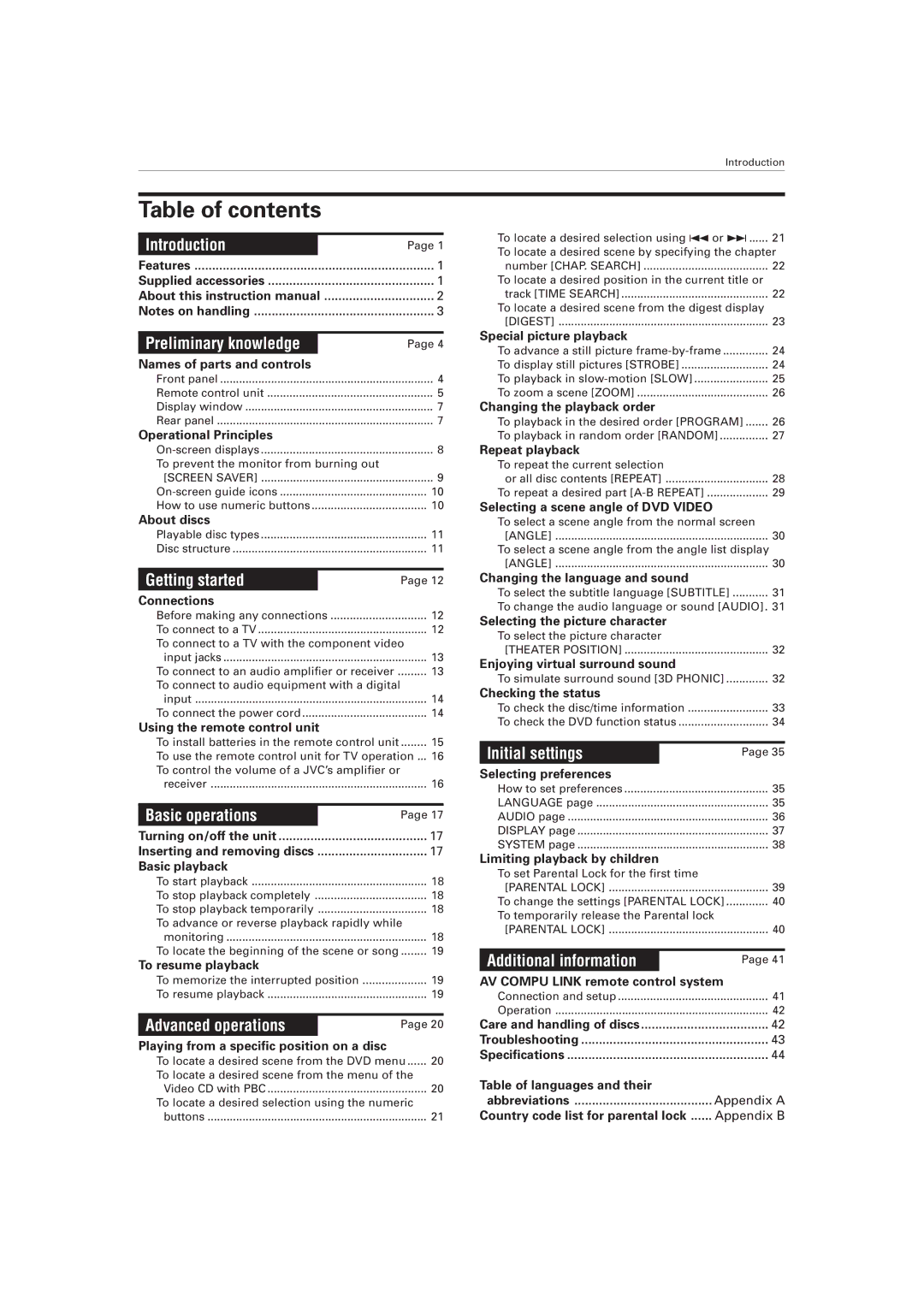 JVC XV-521BK manual Table of contents 