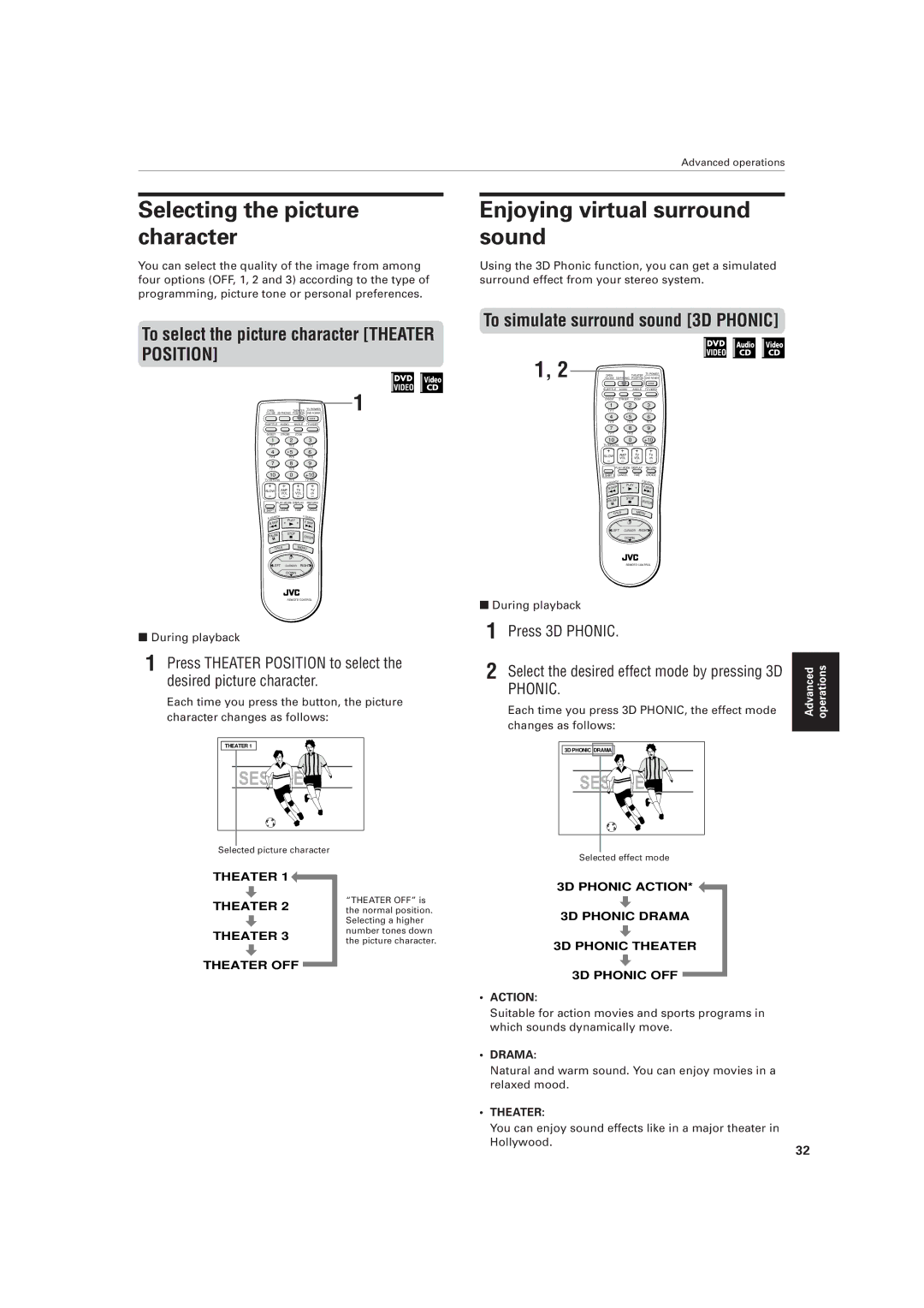 JVC XV-521BK manual Selecting the picture character, Enjoying virtual surround sound, Press 3D Phonic 