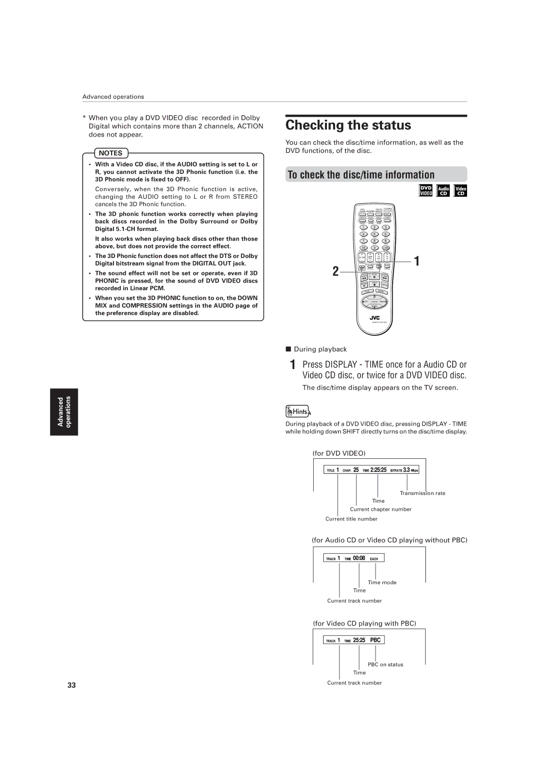 JVC XV-521BK manual Checking the status, To check the disc/time information 