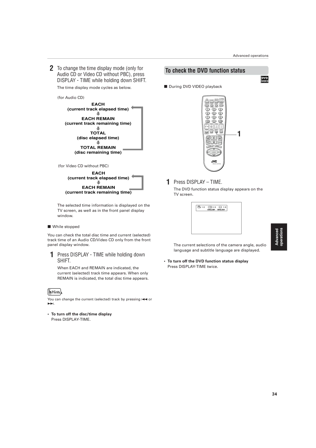 JVC XV-521BK manual To check the DVD function status, Press Display Time while holding down 