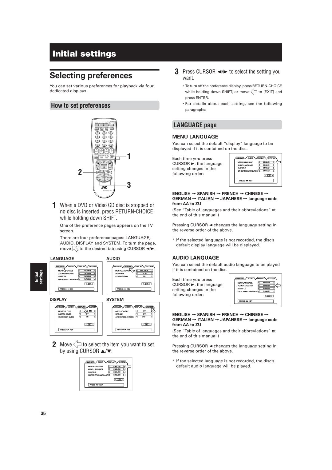 JVC XV-521BK manual Initial settings, Selecting preferences, How to set preferences, Language 