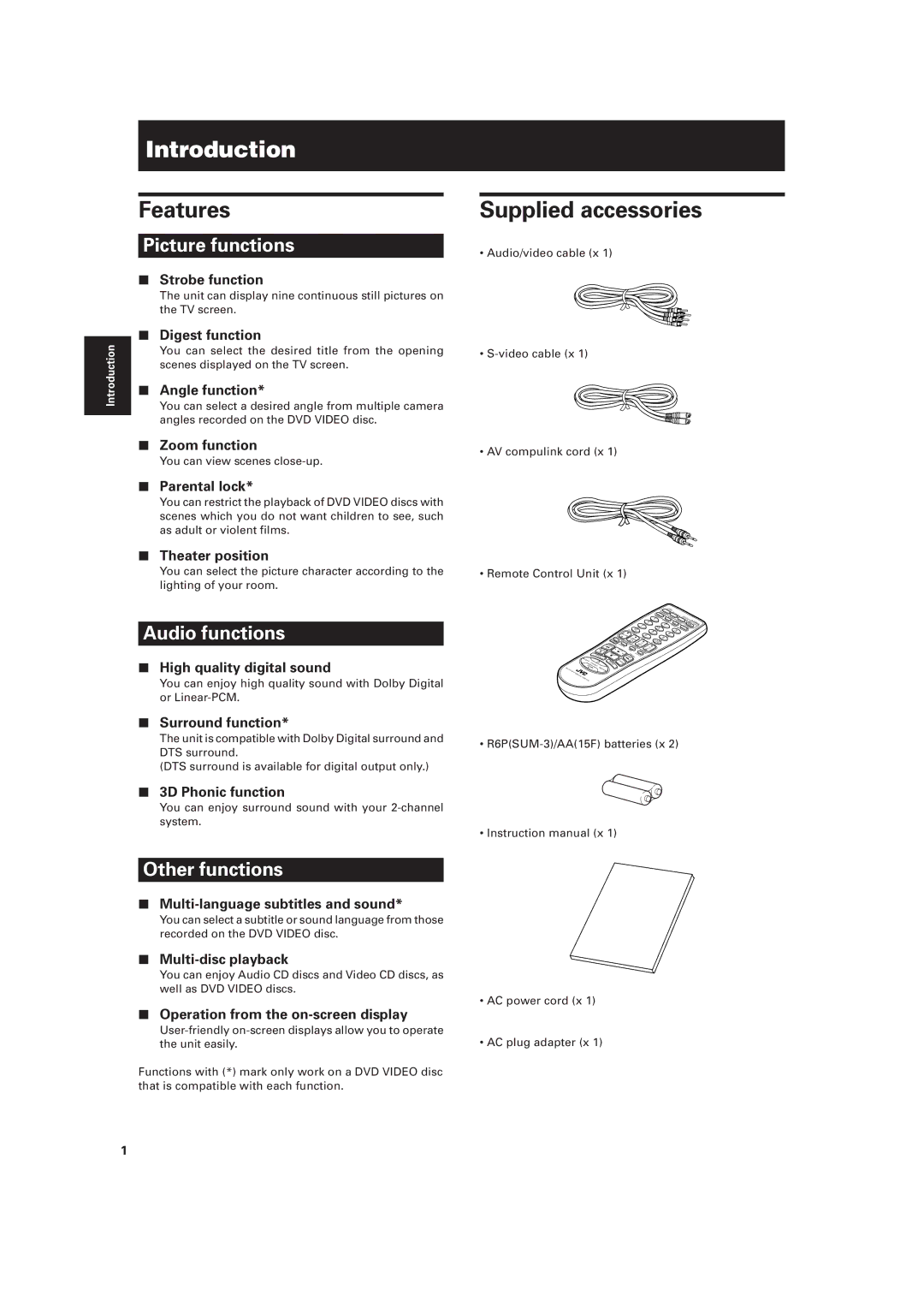 JVC XV-521BK manual Introduction, Features, Supplied accessories 