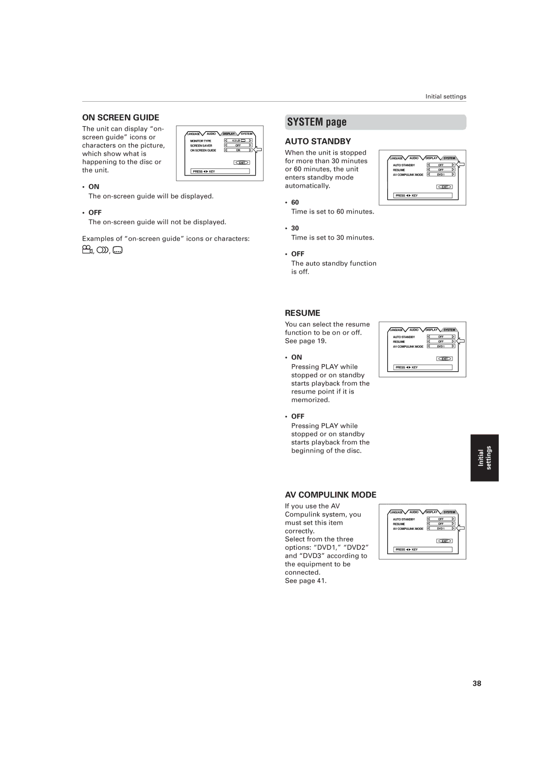 JVC XV-521BK manual System, On-screen guide will be displayed, Auto standby function is off 