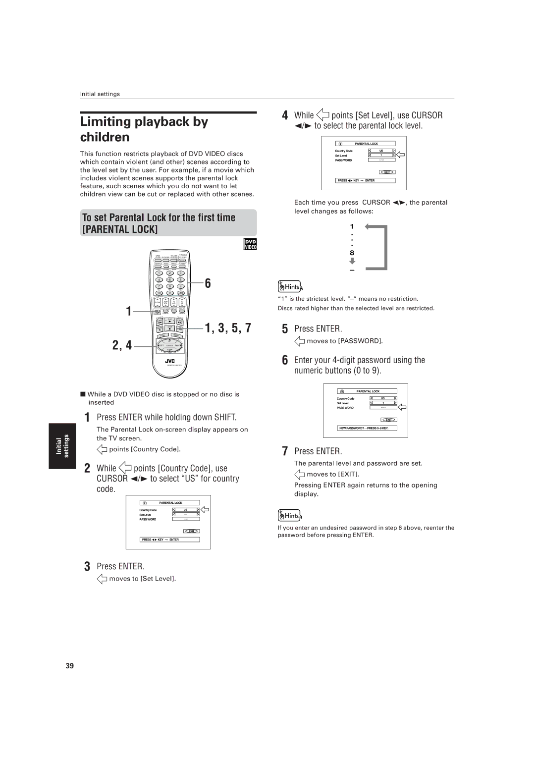 JVC XV-521BK manual Limiting playback by children, To set Parental Lock for the first time, Points Country Code, use 