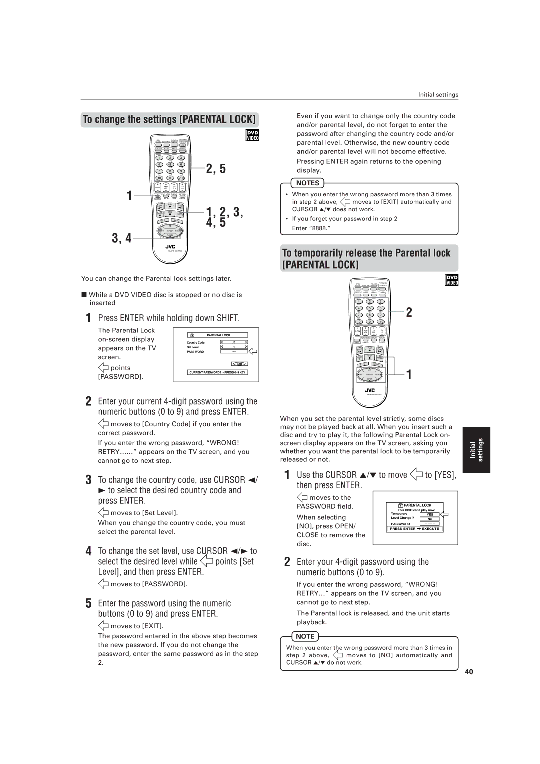 JVC XV-521BK manual To temporarily release the Parental lock, Press Enter while holding down Shift 