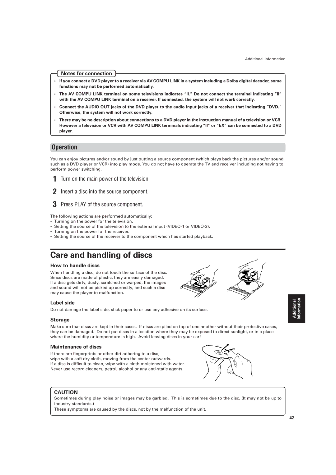 JVC XV-521BK manual Care and handling of discs, Operation 