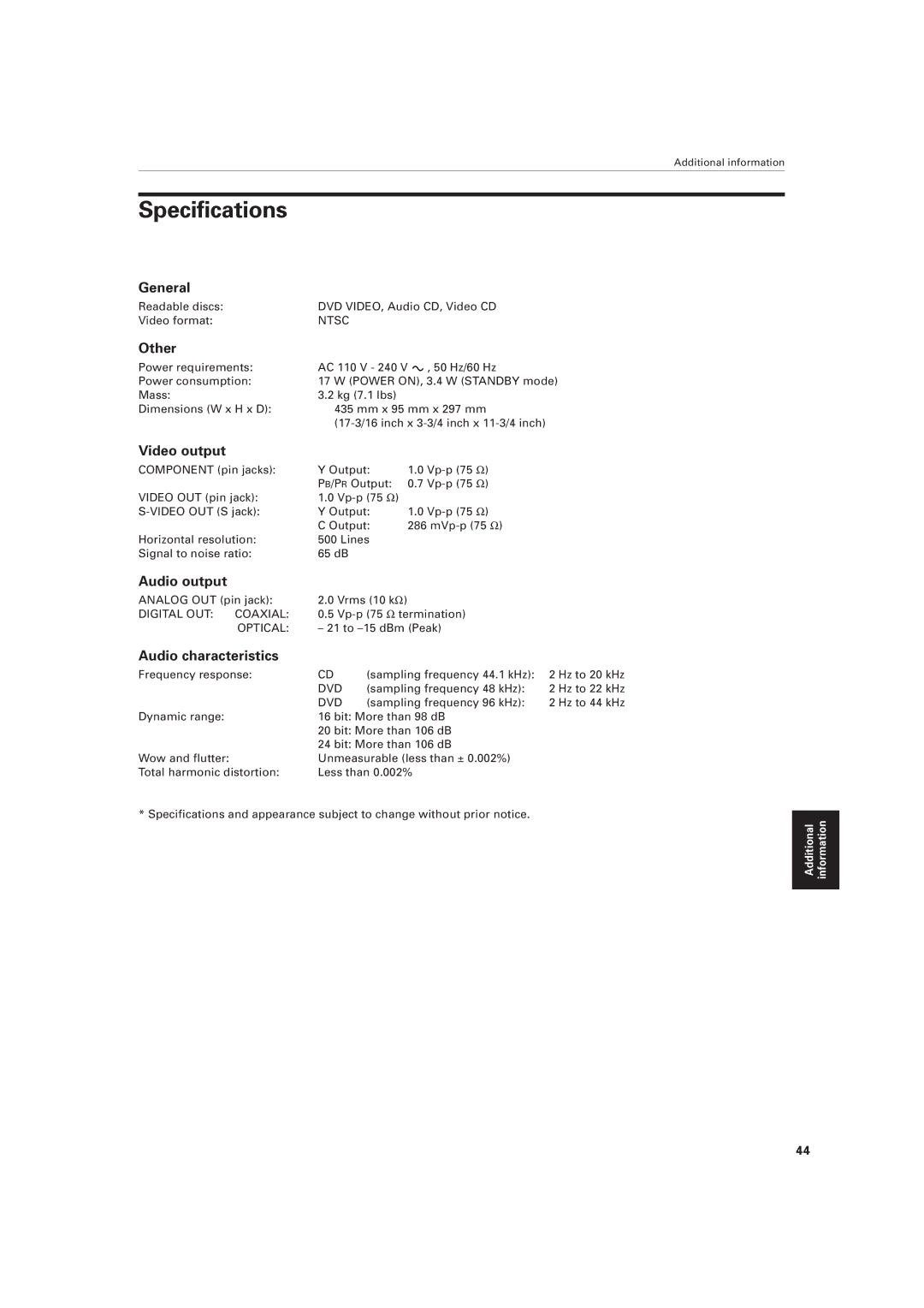 JVC XV-521BK manual Specifications 