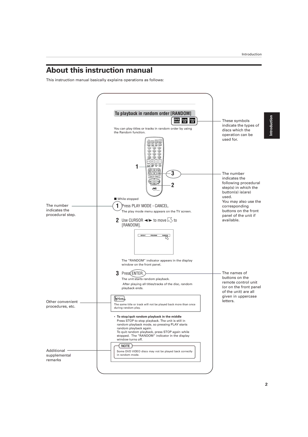 JVC XV-521BK manual To playback in random order Random 