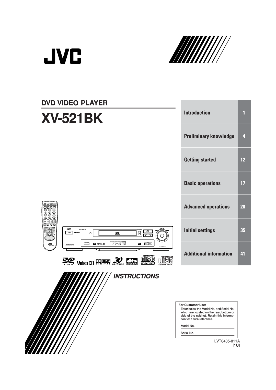 JVC XV-521BK manual Dvd Video Player, Instructions, Introduction, Getting started, Basic operations, Initial settings 