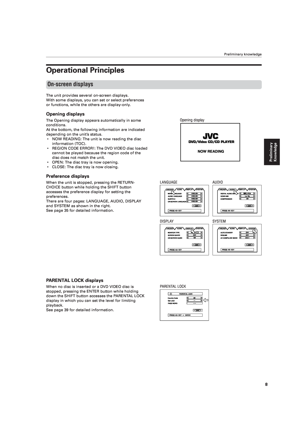 JVC XV-521BK manual Operational Principles, On-screen displays, Language, Display, Audio, System 