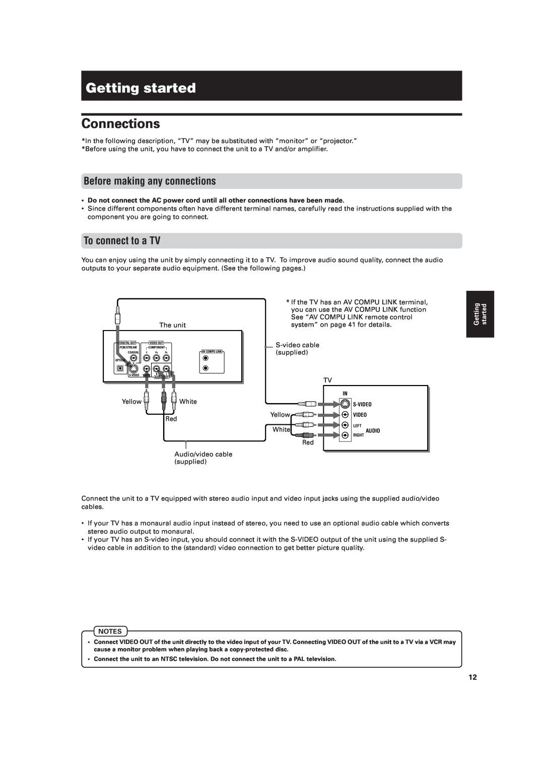 JVC XV-521BK manual Getting started, Connections, Before making any connections, To connect to a TV 