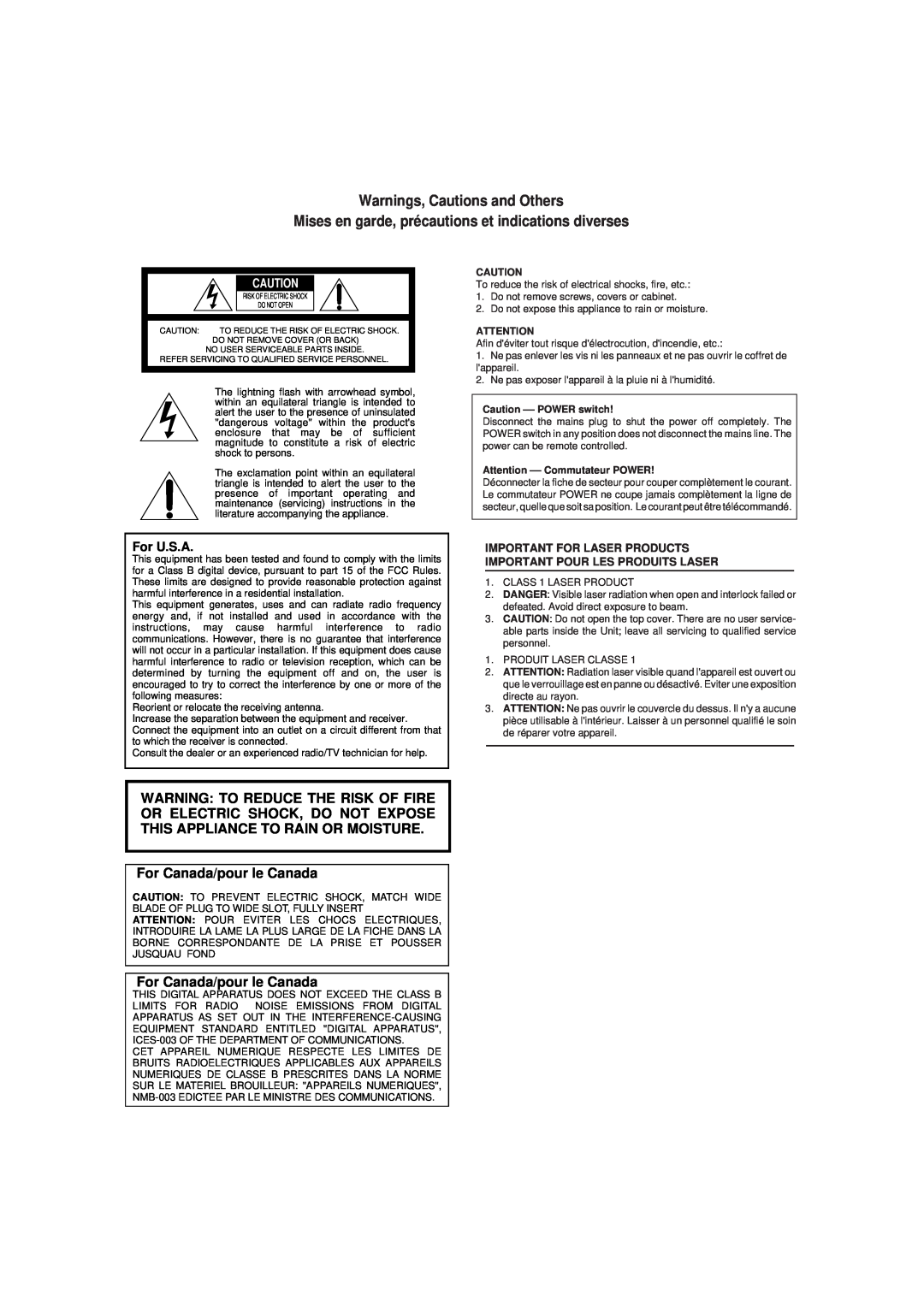 JVC XV-521BK Warnings, Cautions and Others, Mises en garde, précautions et indications diverses, For Canada/pour le Canada 