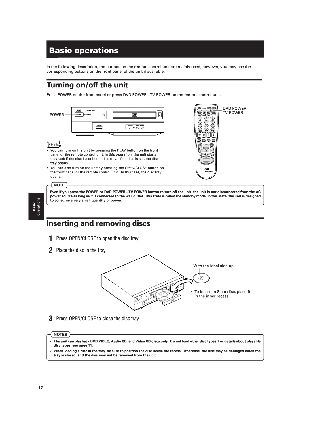 JVC XV-521BK manual Basic operations, Turning on/off the unit, Inserting and removing discs 
