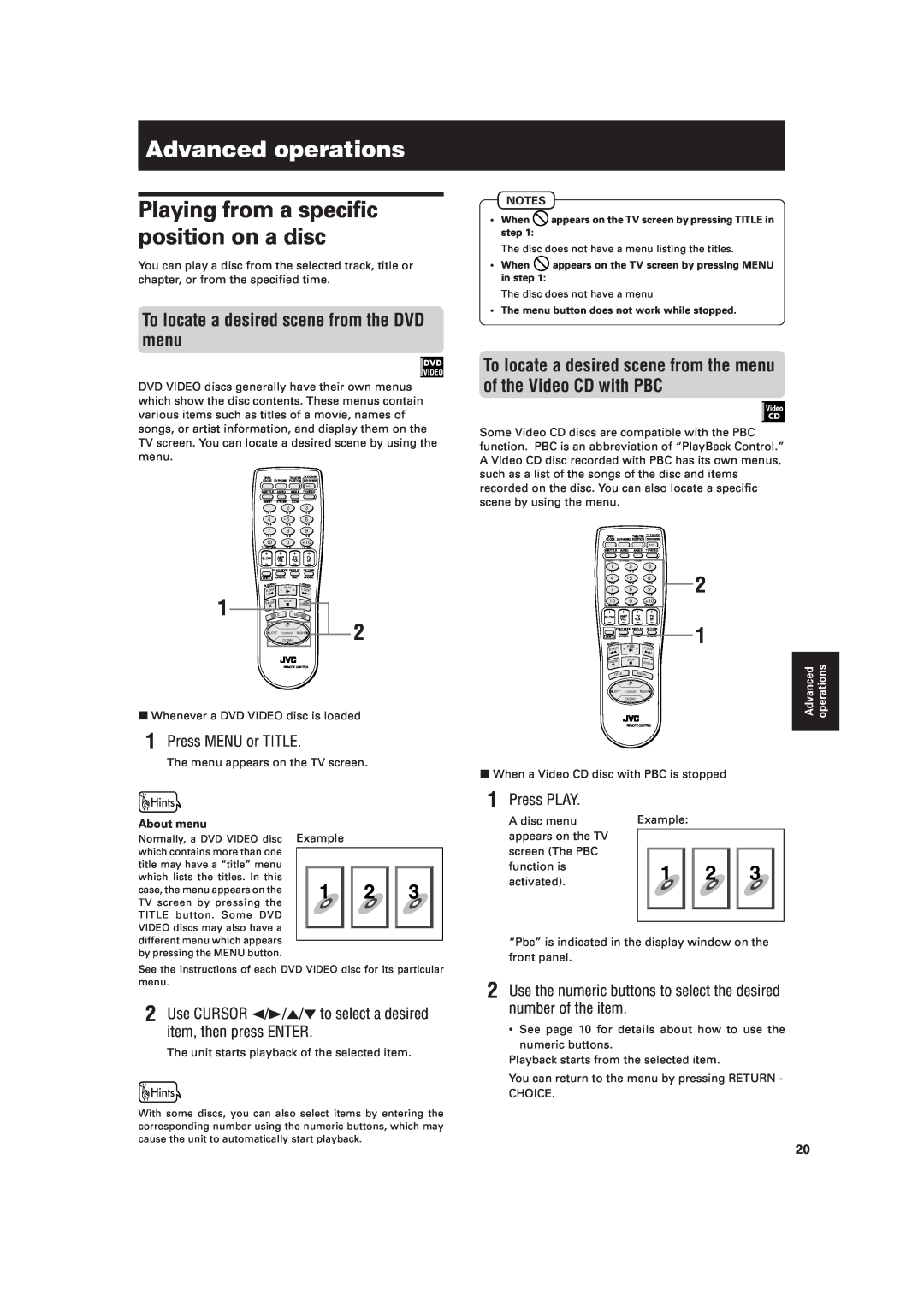 JVC XV-521BK manual Advanced operations, To locate a desired scene from the DVD menu, Press MENU or TITLE, Press PLAY 