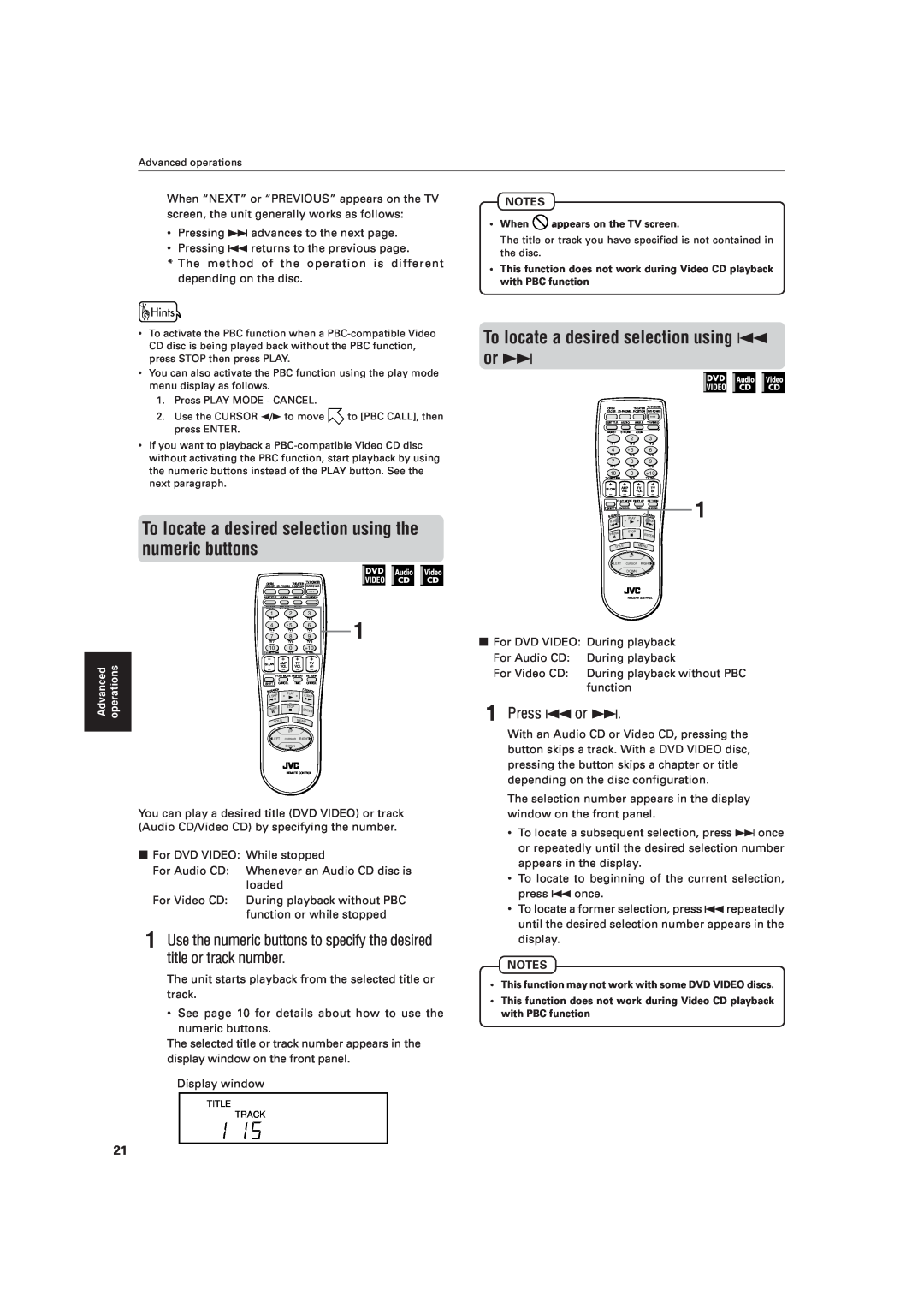 JVC XV-521BK manual To locate a desired selection using the numeric buttons, To locate a desired selection using 4 or ¢ 