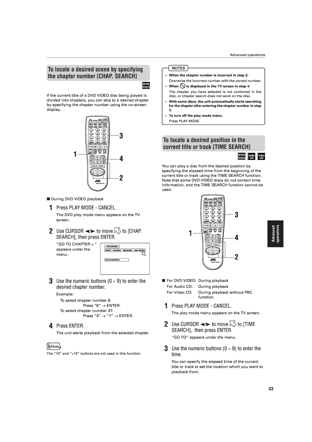 JVC XV-521BK manual Press PLAY MODE - CANCEL, Use CURSOR 2/3 to move to CHAP. SEARCH, then press ENTER, Press ENTER 