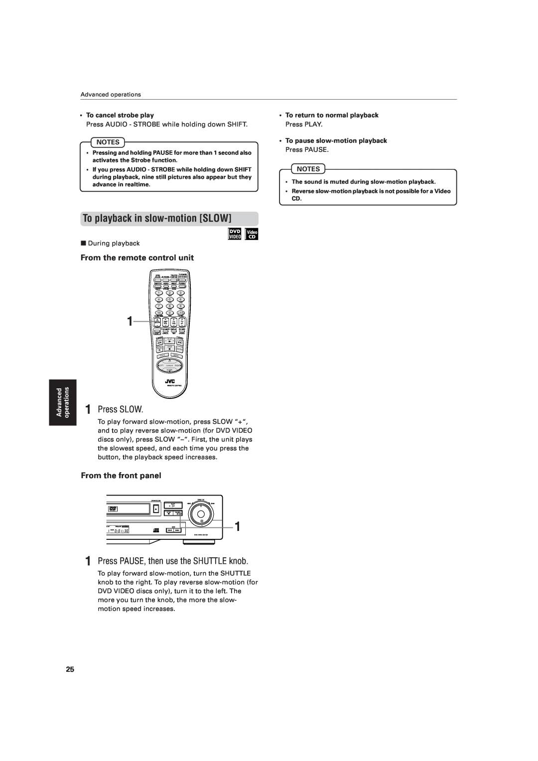JVC XV-521BK manual To playback in slow-motion SLOW, Press SLOW, Press PAUSE, then use the SHUTTLE knob 
