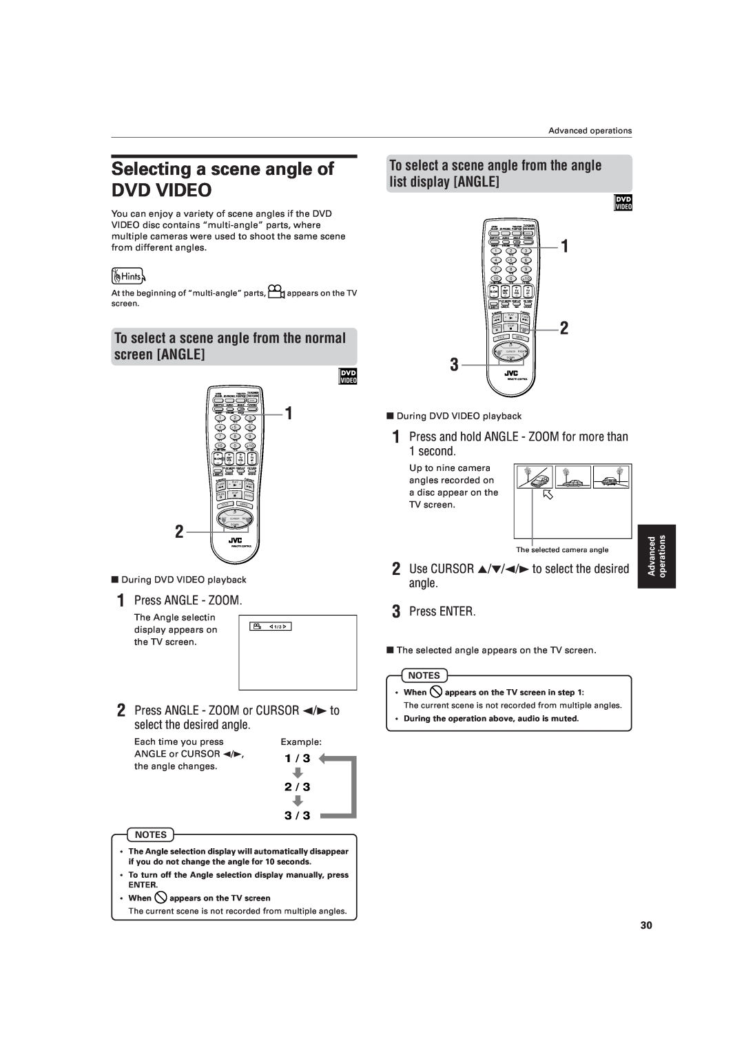 JVC XV-521BK manual Selecting a scene angle of DVD VIDEO, To select a scene angle from the normal screen ANGLE, Press ENTER 