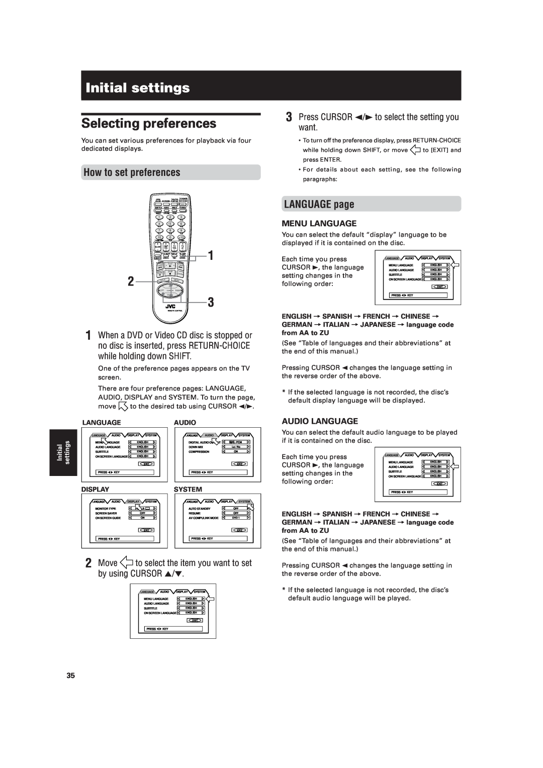 JVC XV-521BK manual Initial settings, Selecting preferences, How to set preferences, LANGUAGE page 