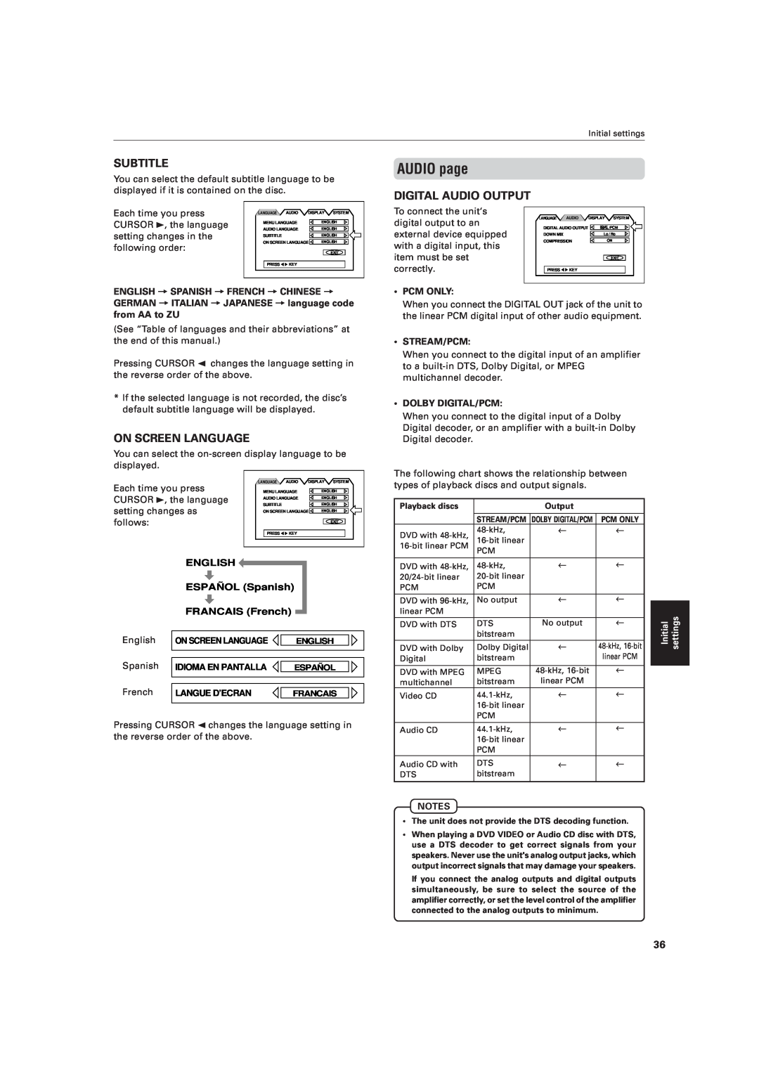 JVC XV-521BK manual AUDIO page, Subtitle, Digital Audio Output, On Screen Language, ENGLISH ESPAÑOL Spanish FRANCAIS French 