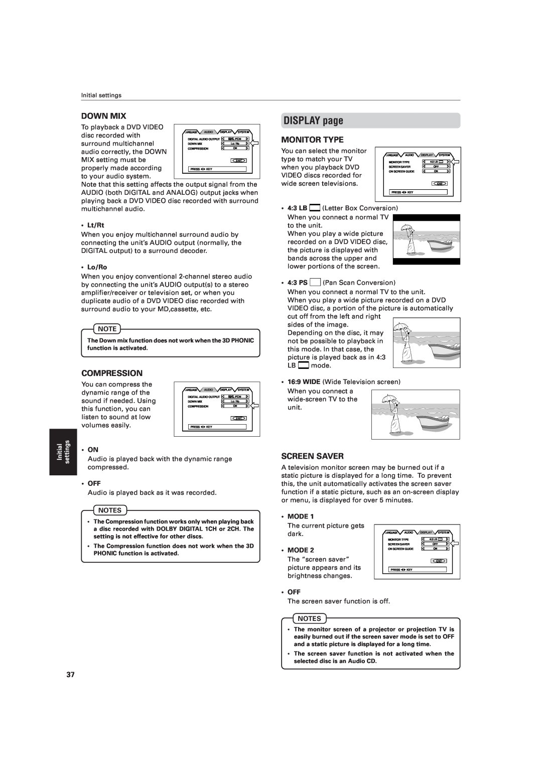 JVC XV-521BK manual DISPLAY page, Down Mix, Monitor Type, Compression, Screen Saver 