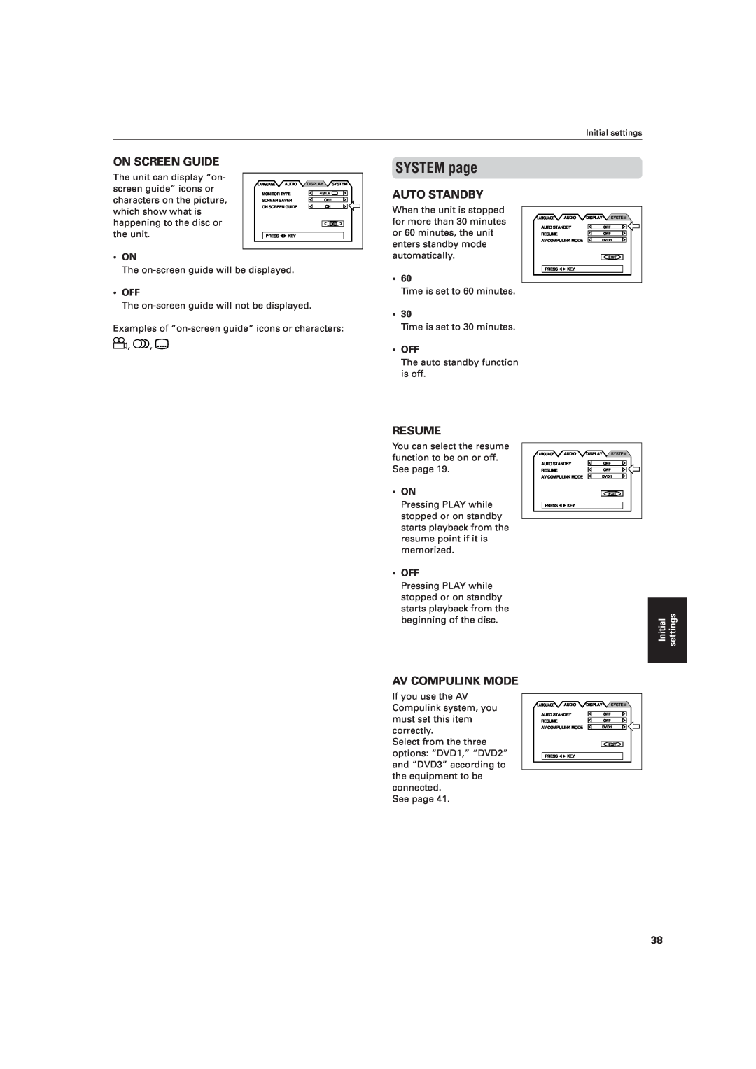 JVC XV-521BK manual SYSTEM page, On Screen Guide, Auto Standby, Resume, Av Compulink Mode 